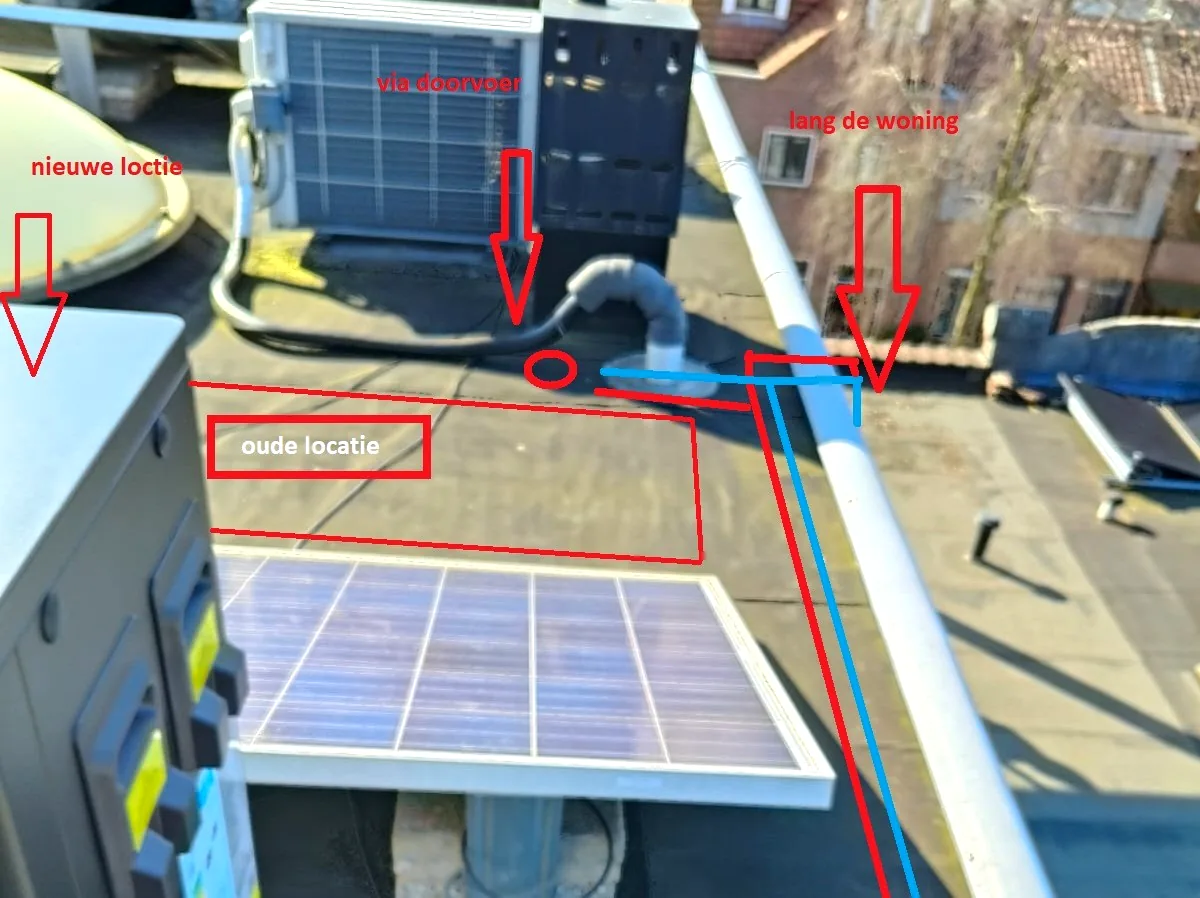 Technische schouw voor leidingroute en warmtepomp buitenunit